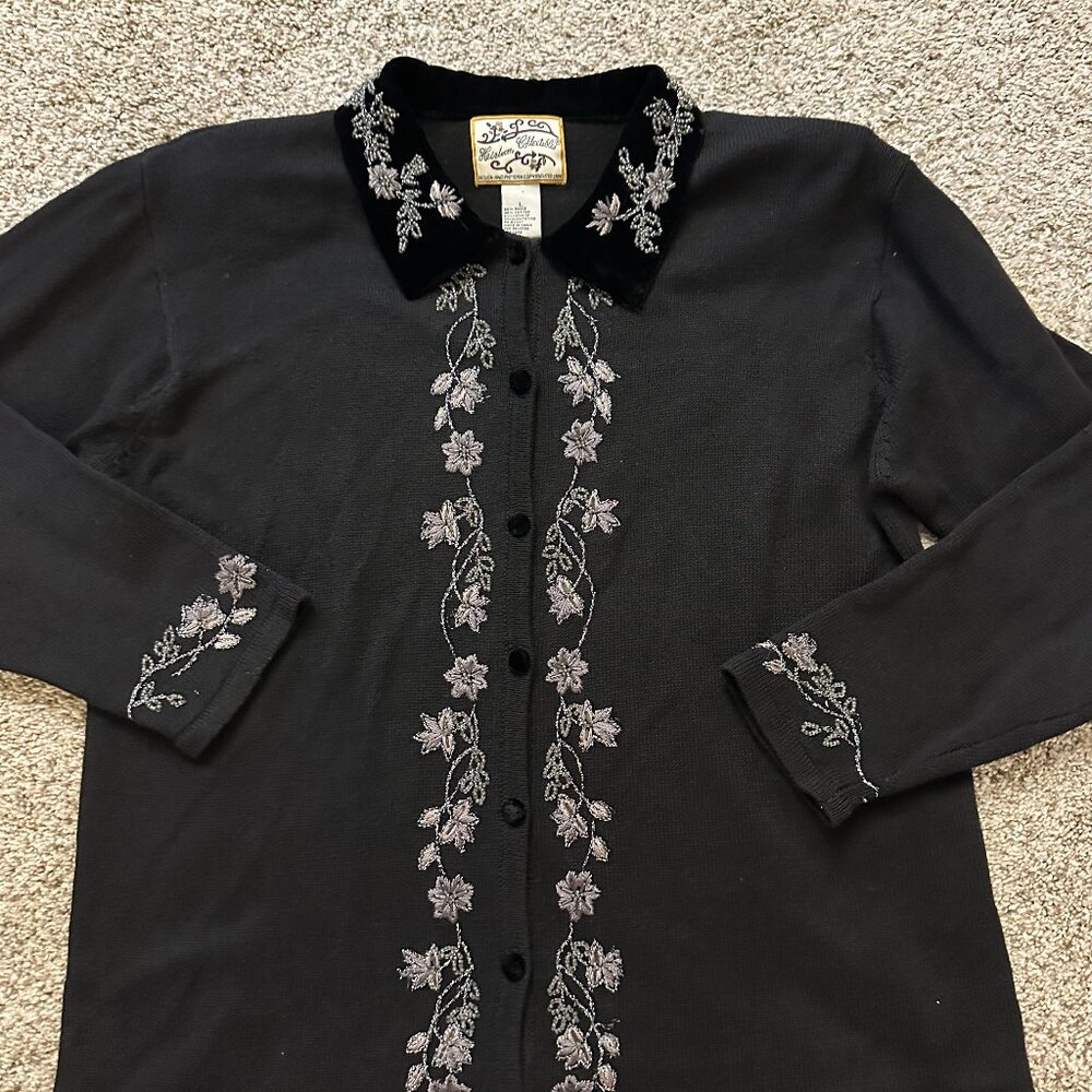 VTG Heirloom Collectibles Sweater Cardi Floral Embroidery Blk Button Front Sz L